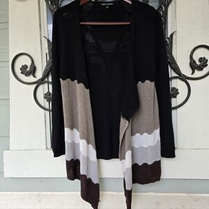 Cable & Gauge Black Striped Open Front Drape Waterfall Cardigan Sweater - S